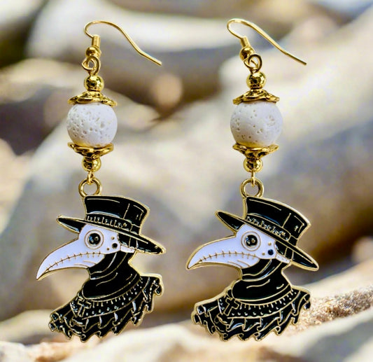 Enameled Crow/Brass Charm Earrings with Lava Rock Beads