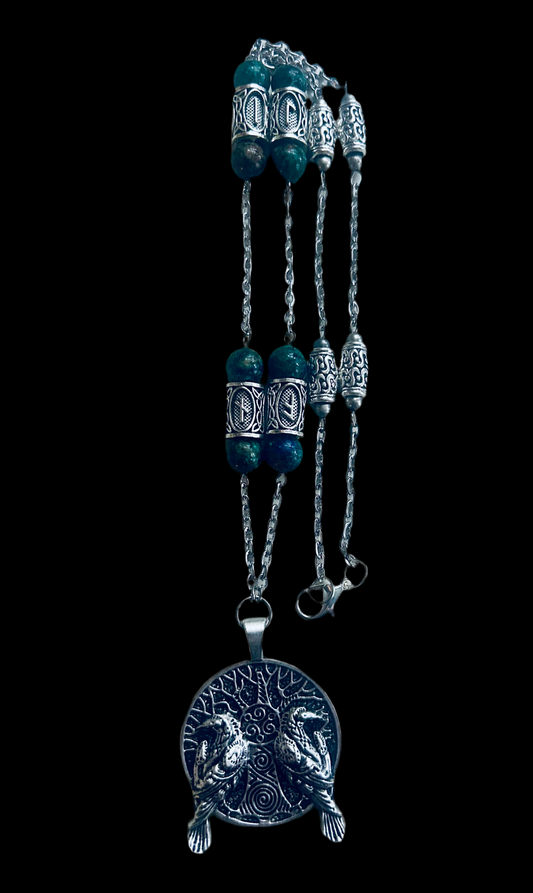 Zinc Alloy Raven/Tree of Life Pendant Necklace with Alloy Rune-Stone Spacers/Chrysocolla Beads