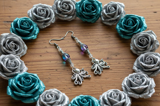 Octopus Charm Earrings with Mermaid Glass Beads