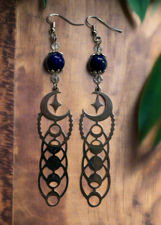 Moon Phase Earrings with Lapis Lazuli Beads