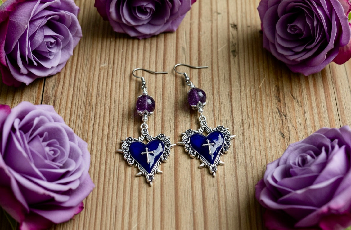 Tin Alloy/Enameled Heart Earrings with Purple Crackle Glass Beads