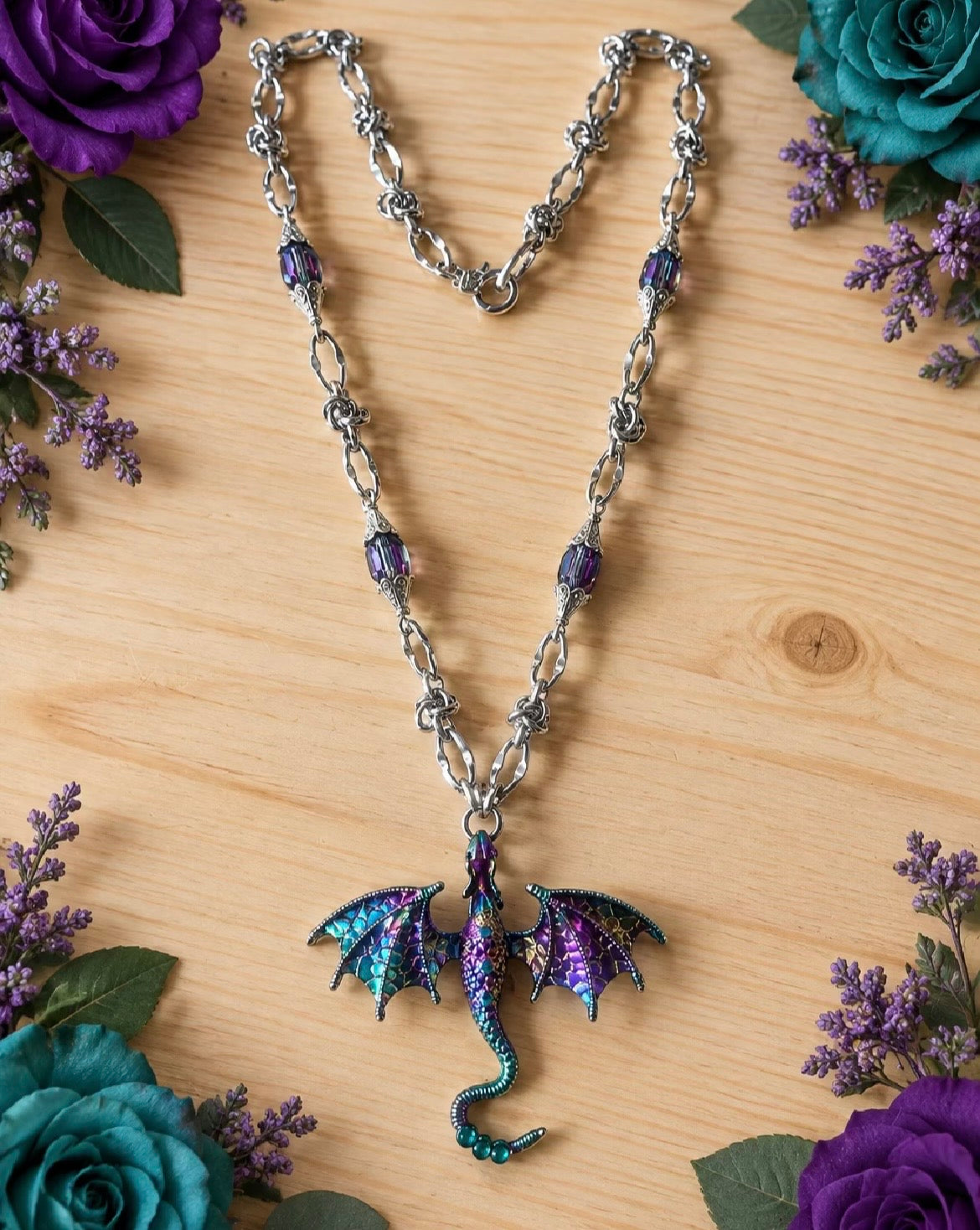 Dragon Pendant Necklace with Purple Czech Glass Beads