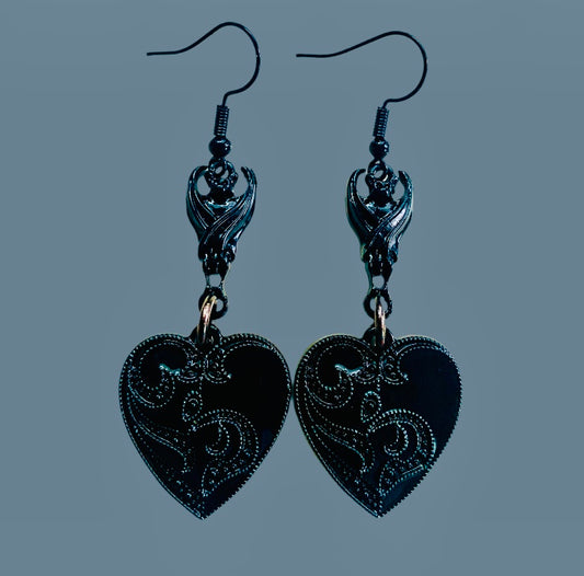 Black Stainless Steel Bat Connector/Lacy Black Enameled Heart Drop Earrings
