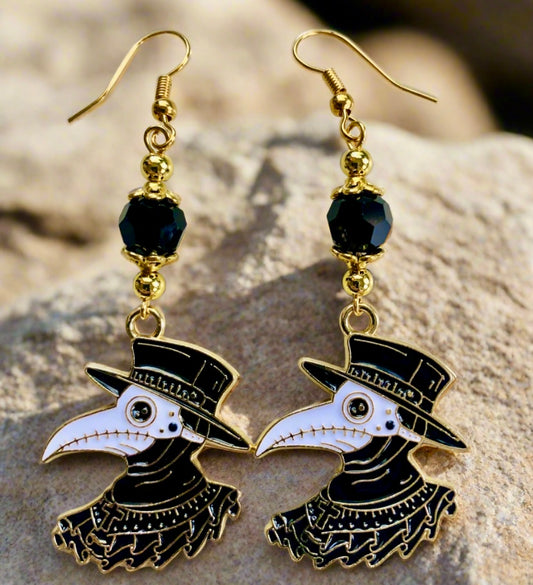 Enameled Crow Charm Earrings with Black Glass Beads