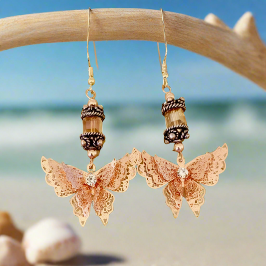 Copper Toned Butterfly/Swarovski Crystal Earrings