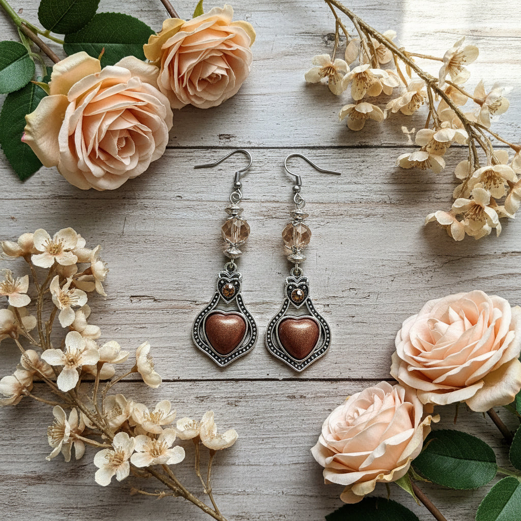 Bronze/Heart Metal Charms with Champagne Czech Crystal Beads