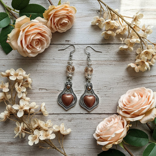 Bronze/Heart Metal Charms with Champagne Czech Crystal Beads