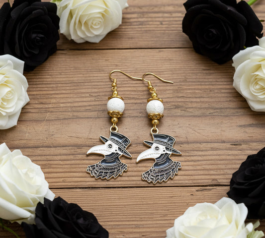 Crow/Skull Moon Earrings with White Lava Rock Beads