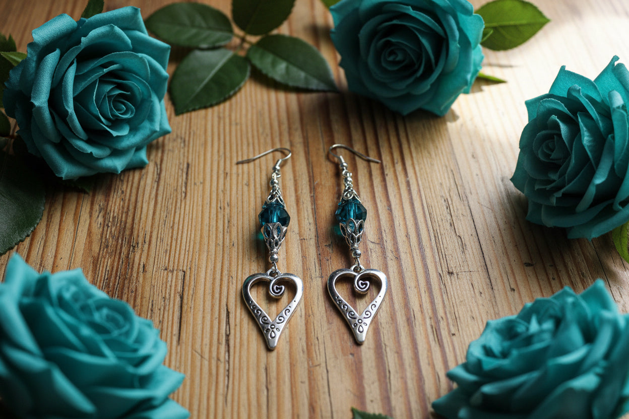 Teal Czech Glass Bead Earrings with Heart Charms