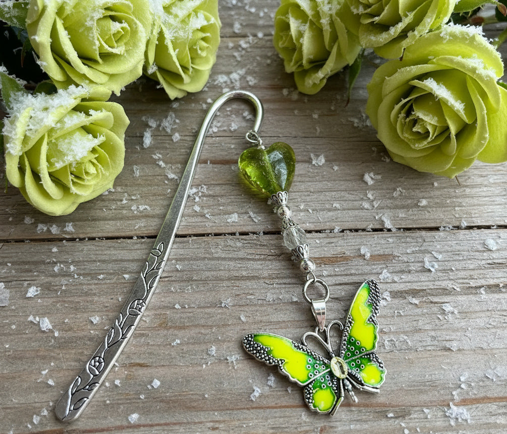 Bookmark with Lime Green Enameled Butterfly & Lampwork Glass Bead