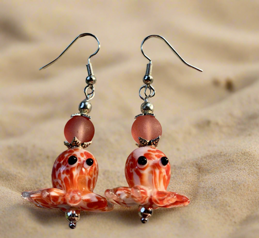 Orange/White Lampwork Glass Octopus Earrings