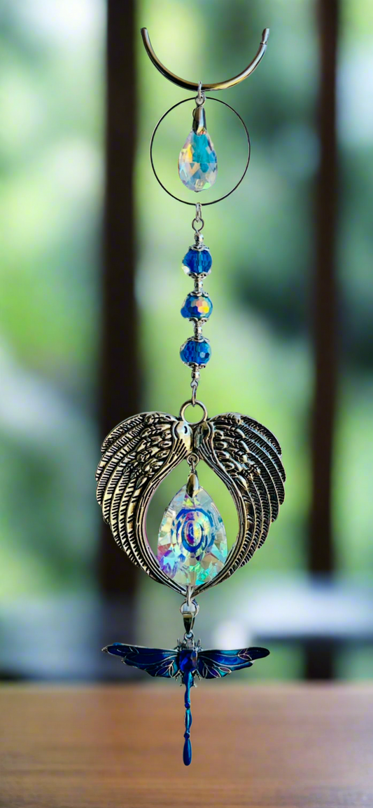 Angel Wing SunCatcher with Crystal Prisms & Blue Dragonfly Pendant