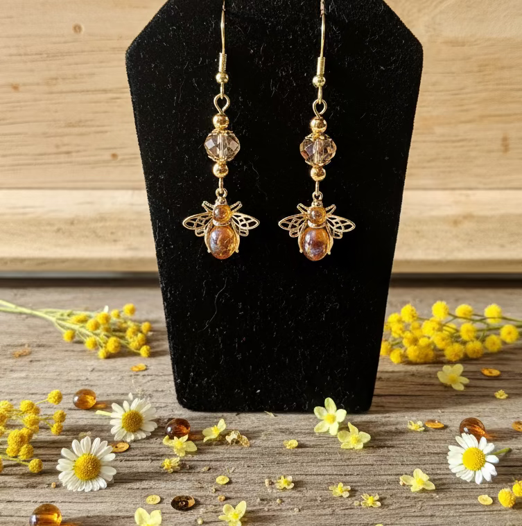 Amber Glass/Champagne Bead Bumblebee Charm Earrings
