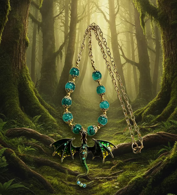 Dragon Pendant Necklace with Green Crackle Glass Beads