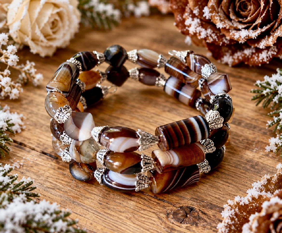 Banded Agate Gemstone Bead Wraparound Bracelet