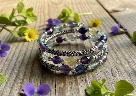 Rainbow Fluorite Gemstone Bracelet with Zinc Alloy Curved Noodle Spacers