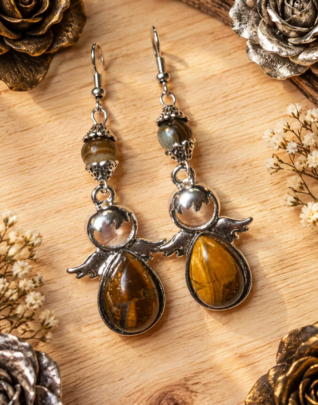 Tigereye Gemstone/Banded Agate Gemstone Earrings set in Stainless Steel