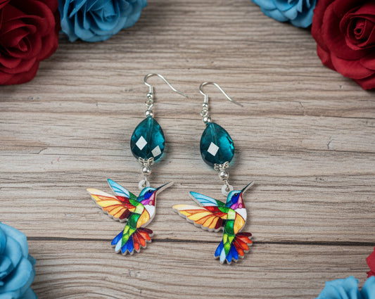 Acrylic ‘Stained Glass’ Hummingbird Earrings