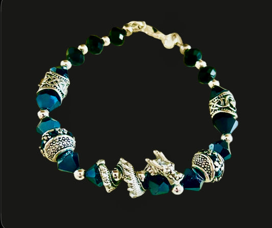 Dragon Wraparound Zinc Alloy Dragon Focal/Alloy Beads: Black Rhinestone & Czech Glass Bead Bracelet