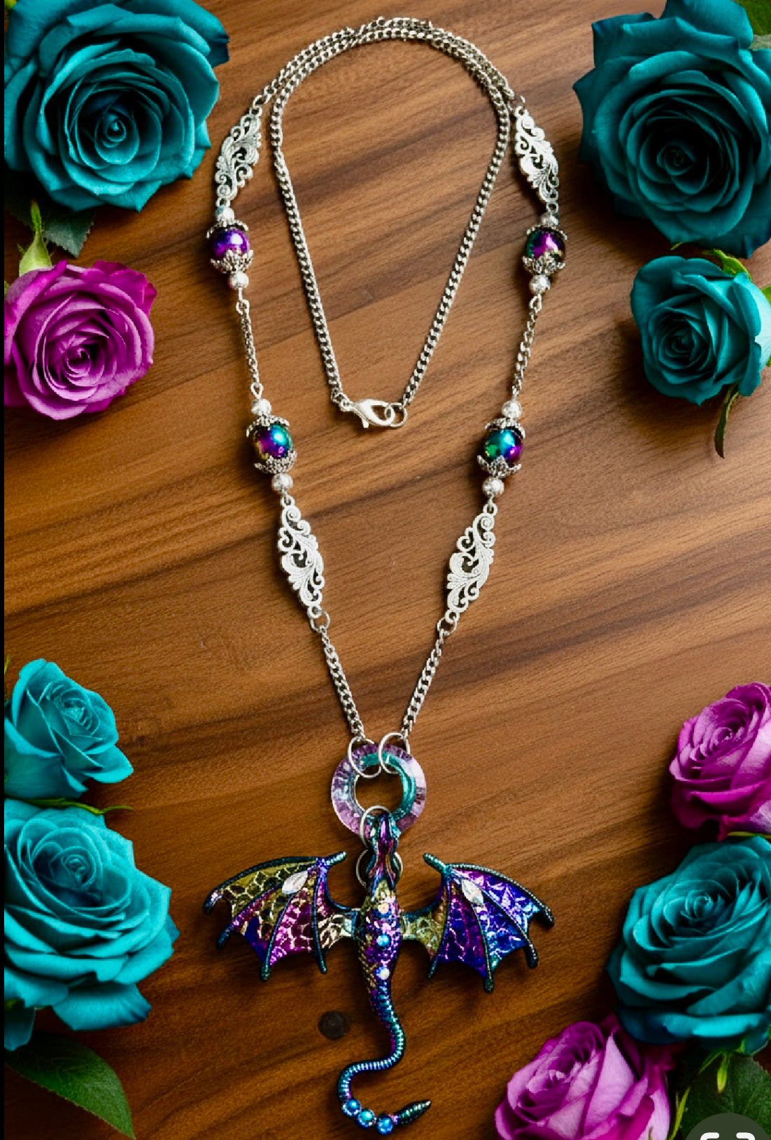 Multicolored Enameled Dragon Pendant with Rainbow Hematite Beads