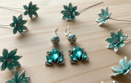 Teal Rhinestone Frog Charm Earrings