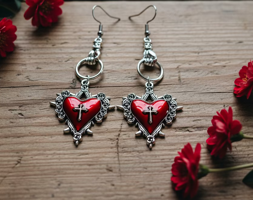 Heart/Cross Charm Earrings with Hand/Ring Connectors
