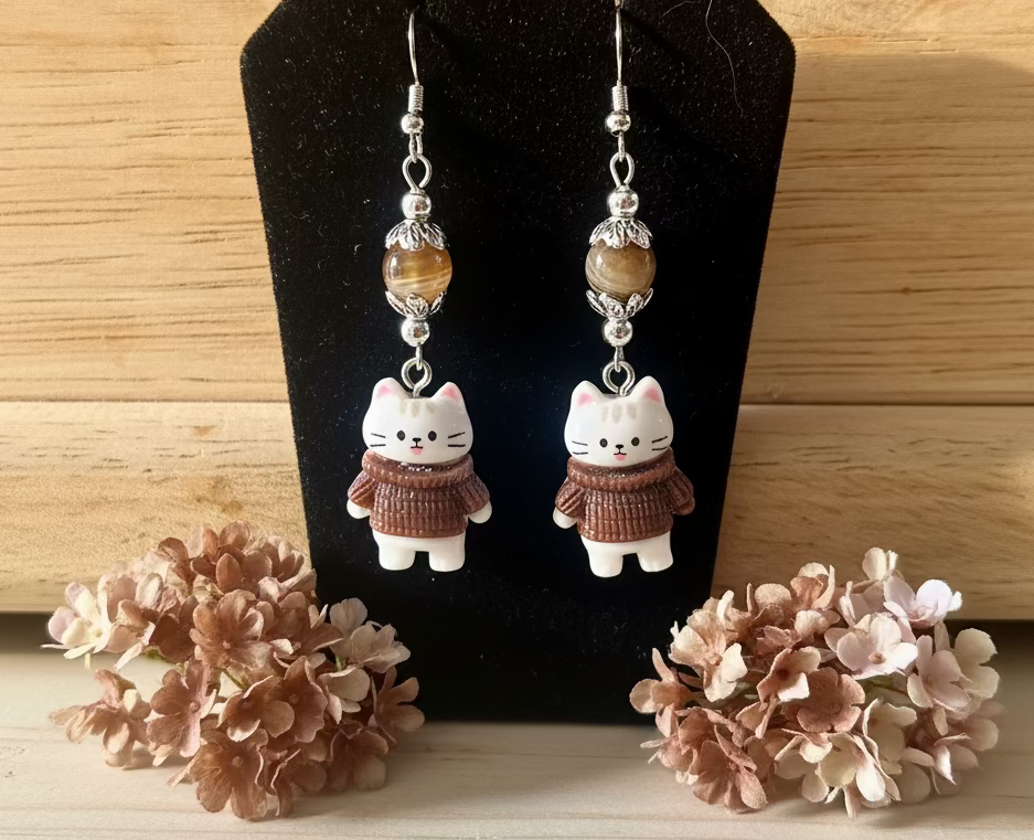 Polymer Cat Charm Earrings with Gemstone beads