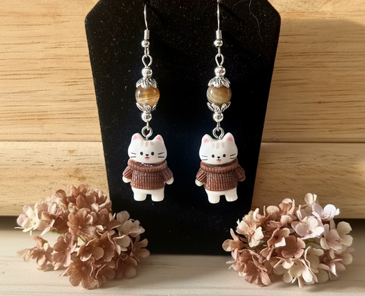 Polymer Cat Charm Earrings with Gemstone beads