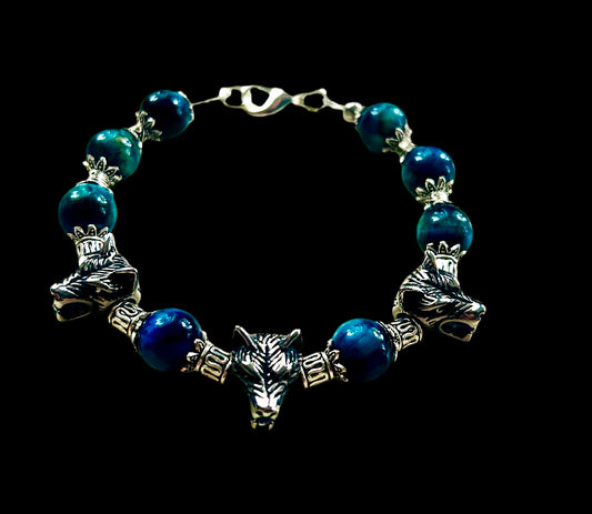 Blue Tiger’s Eye Bead/Stainless Steel Wolf Head Charm Spacers