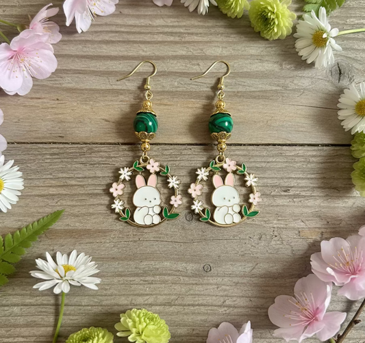 Bunny Charm Earrings with Malachite Gemstone Beads