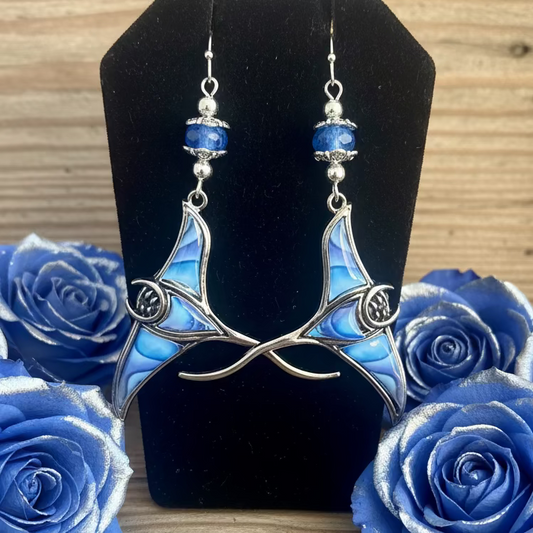 Stingray Stainless Steel/Acrylic Earrings with Blue Glass Beads