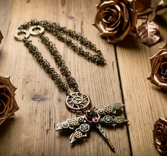 Steampunk-Inspired Dragonfly Pendant/Custom Chain Necklace