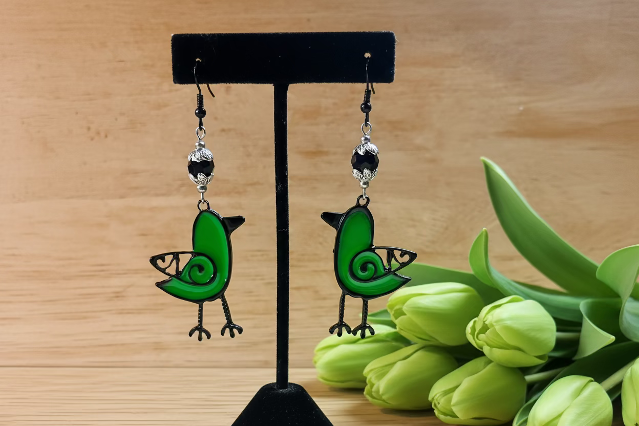 Black Metal/Acrylic Bird Dangle Earrings