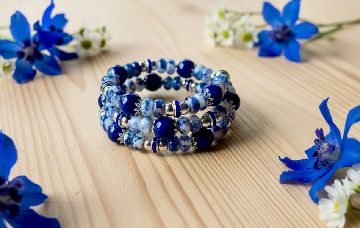 Lapis Lazuli/Blue Dot Jasper Wraparound Bracelet