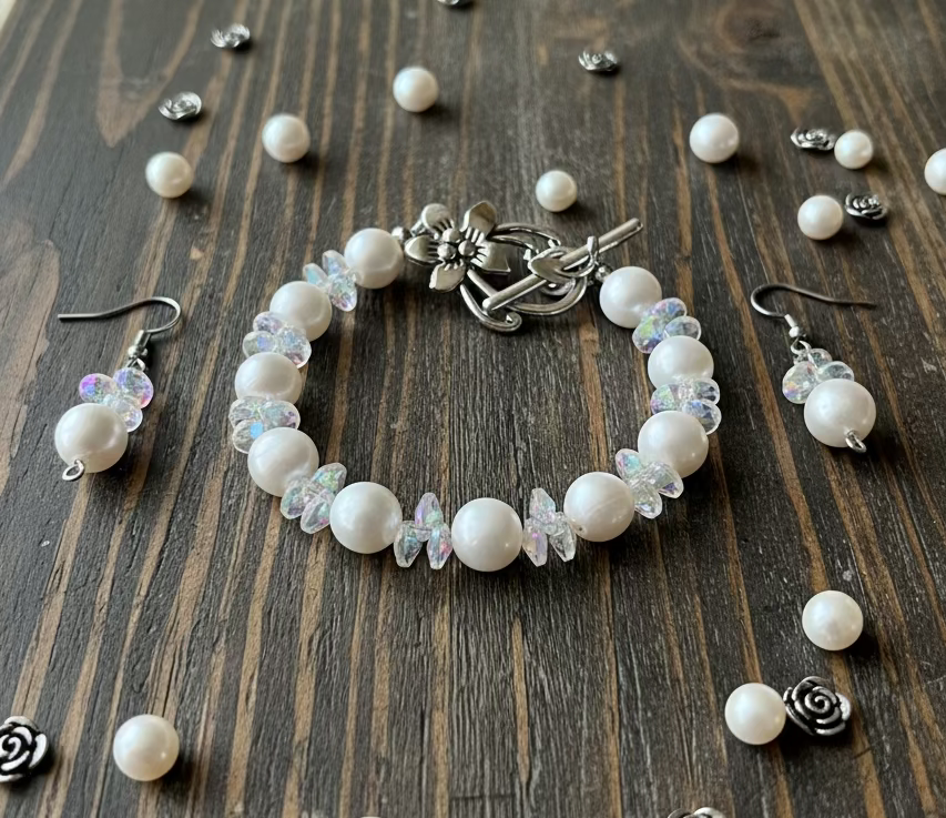 Fresh Water Pearl/Crystal Light-Reflecting Prism Spacer Bracelet & Earring Set