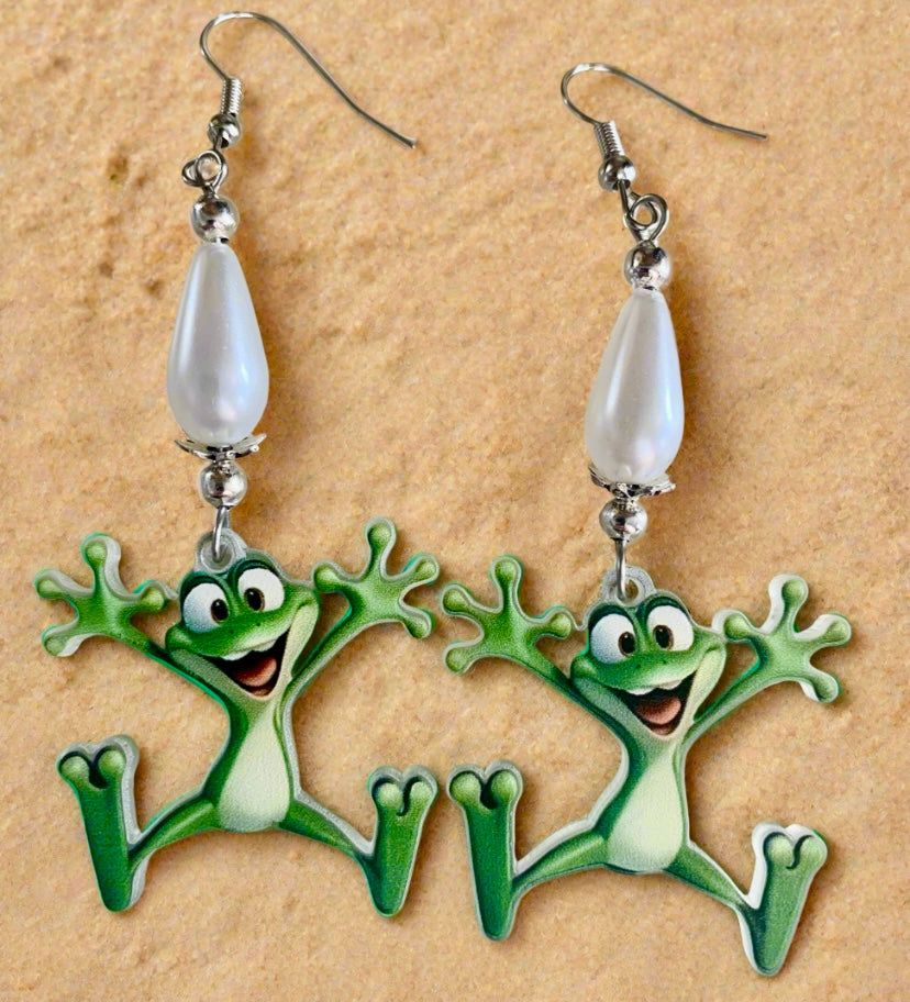 Acrylic Frog/Pearlized Bead Earrings