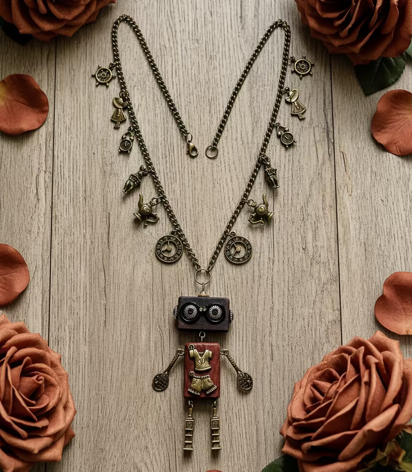 Wooden/Antiqued Bronze Robot Pendant