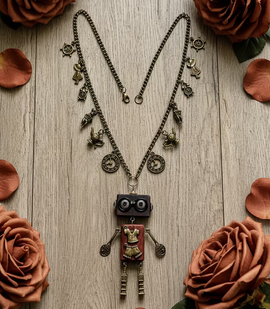 Wooden/Antiqued Bronze Robot Pendant