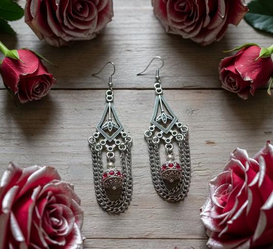 Chandelier Earrings with Tibetan Silver/Red Rhinestone Bead earrings