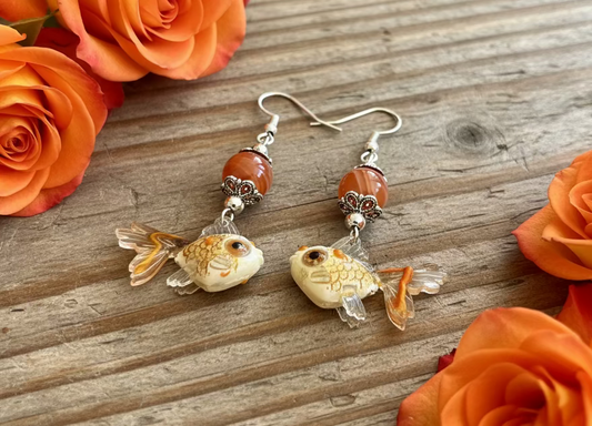Polymer Goldfish Charm Earrings with Carnelian Banded Agate Gemstone Beads