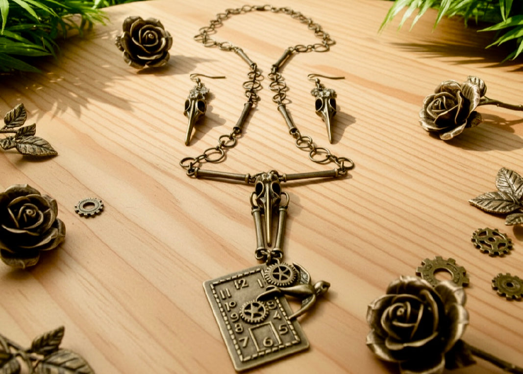 Steampunk/Raven Skull- Inspired Necklace & Earring Set