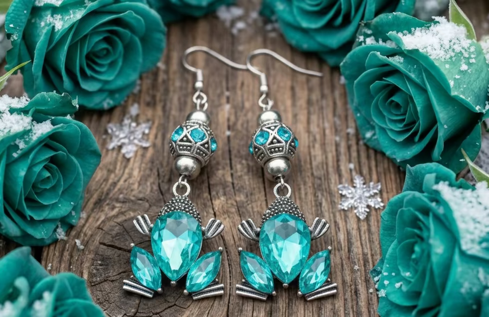 Teal Czech Glass/Alloy Frog Earrings