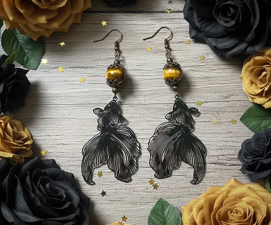 Delicate Black Metal Koi Fish Earrings with Tigereye Gemstone Beads