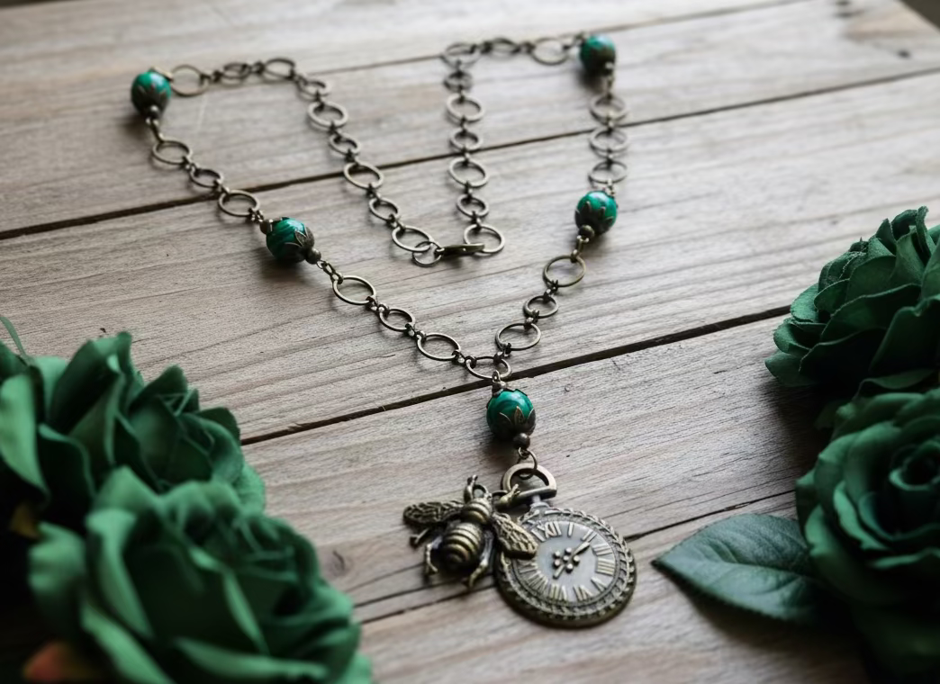 Steampunk Pendant Necklace with Malachite Gemstone Beads