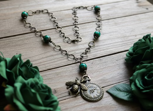 Steampunk Pendant Necklace with Malachite Gemstone Beads