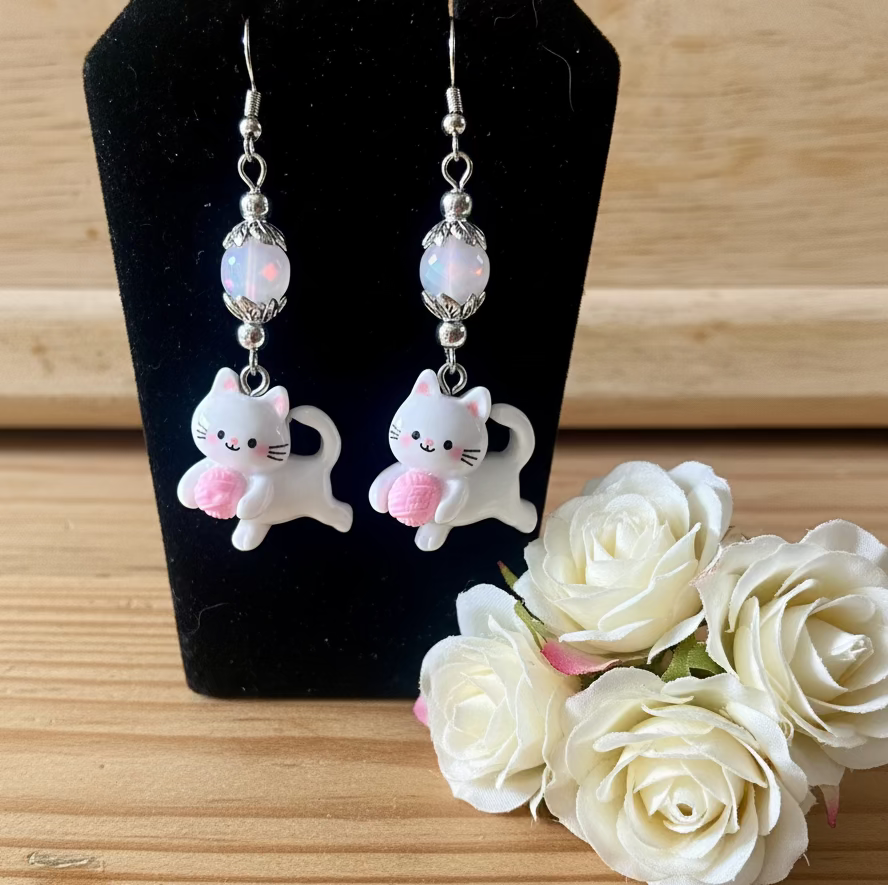 Polymer Cat Charm Earrings with Gemstone beads