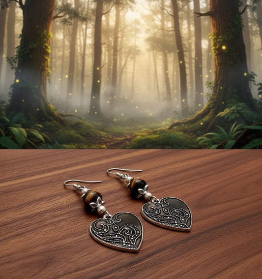 Tigereye Gemstone/Mocha Enameled Heart Charm Earrings