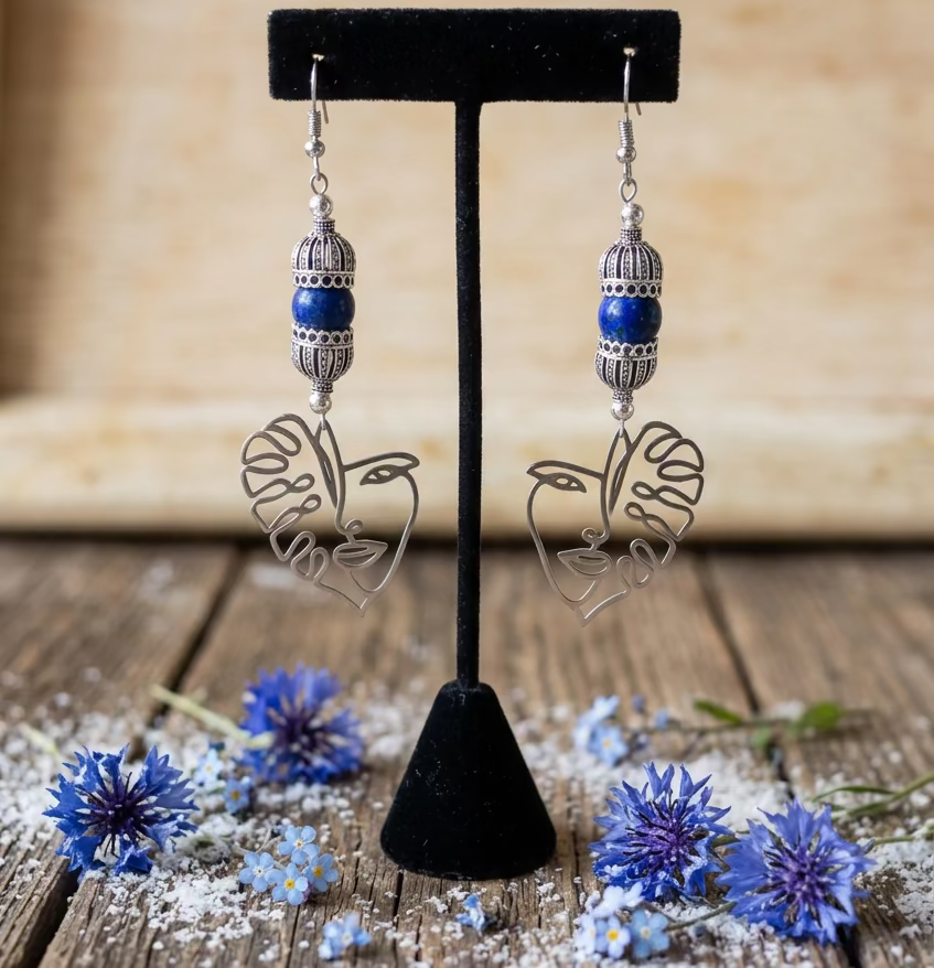 Stainless Steel Fancy Face Earrings with Lapis Lazuli Beads