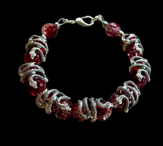 Alloy Snake Snake/Red Crackle Glass Bead Bracelet