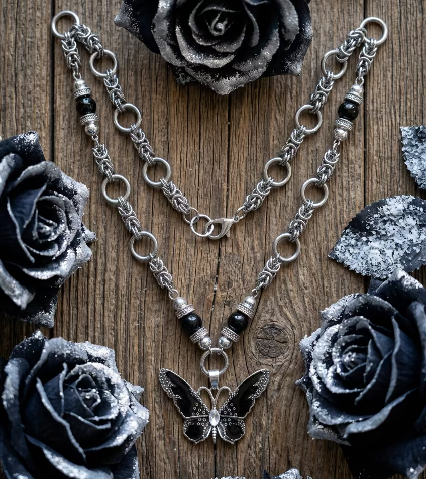 Butterfly Pendant Necklace with Byzantine Chainmaille